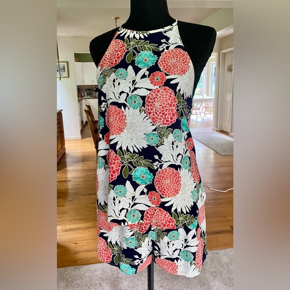 dee elle Floral Summer Halter Romper Turquoise Coral - Picture 2 of 14